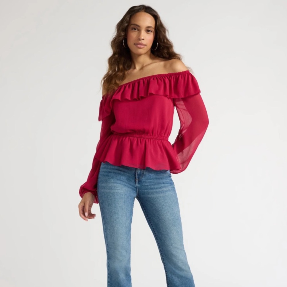 🆕 Red Cerise Off Shoulder Top with Long Sleeves (Last 2! Sizes M & L)